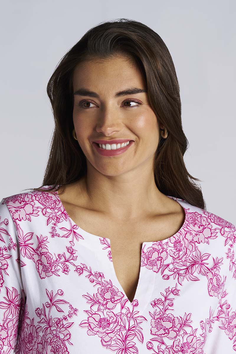 Women's Oceanside Tunic Dress with 3/4 Sleeve | Fuchsia Bouquet