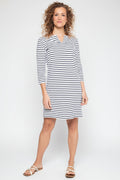 Women's Oceanside Tunic Dress with 3/4 Sleeve | White/Navy Stripe