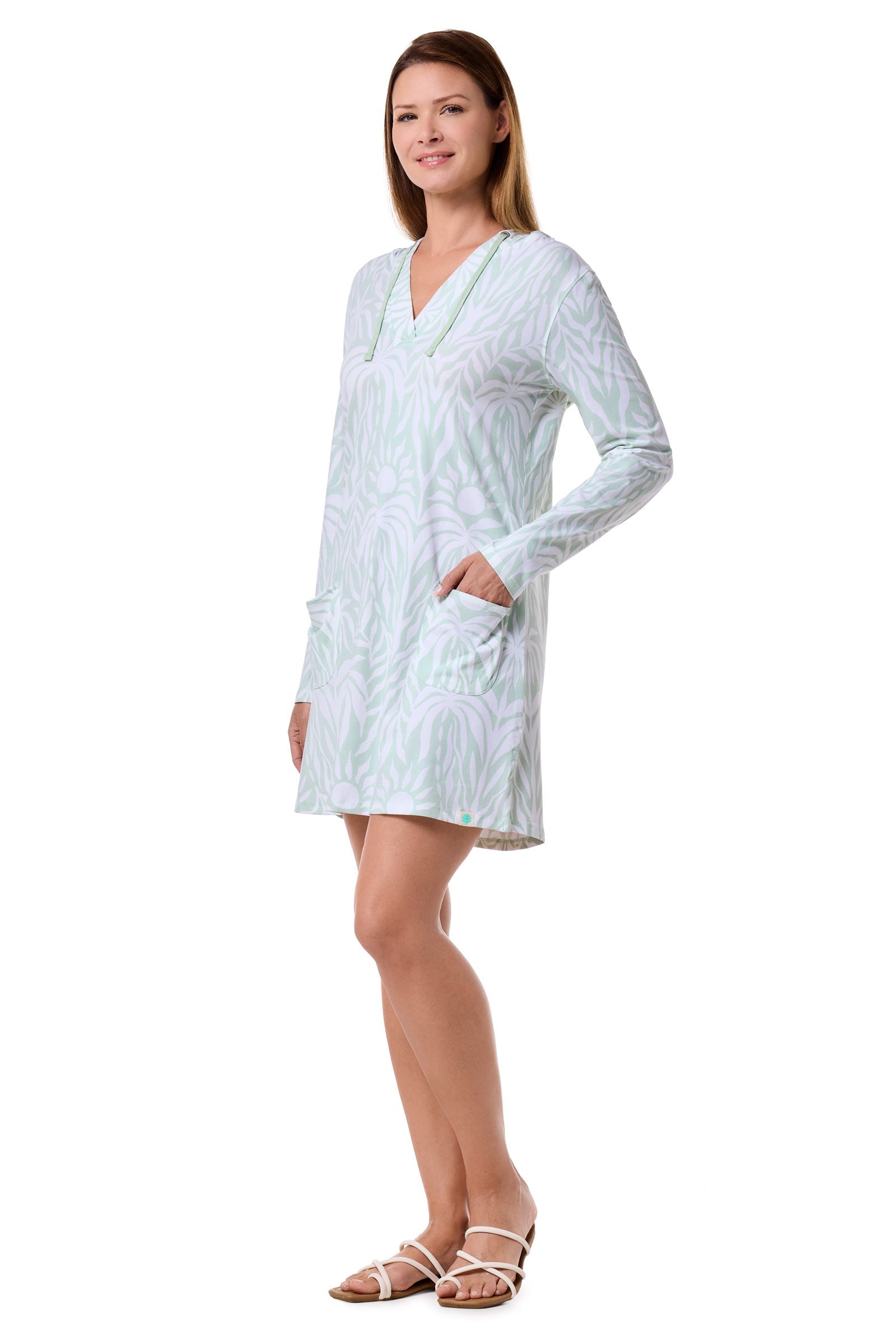 Women's Catalina Cover-Up Dress with Pockets | Misty Aqua American Palm