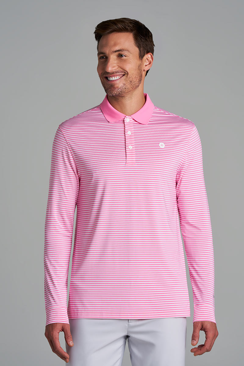 Men's Erodym Long Sleeve Sports Polo | Flamingo Pink/White Stripe