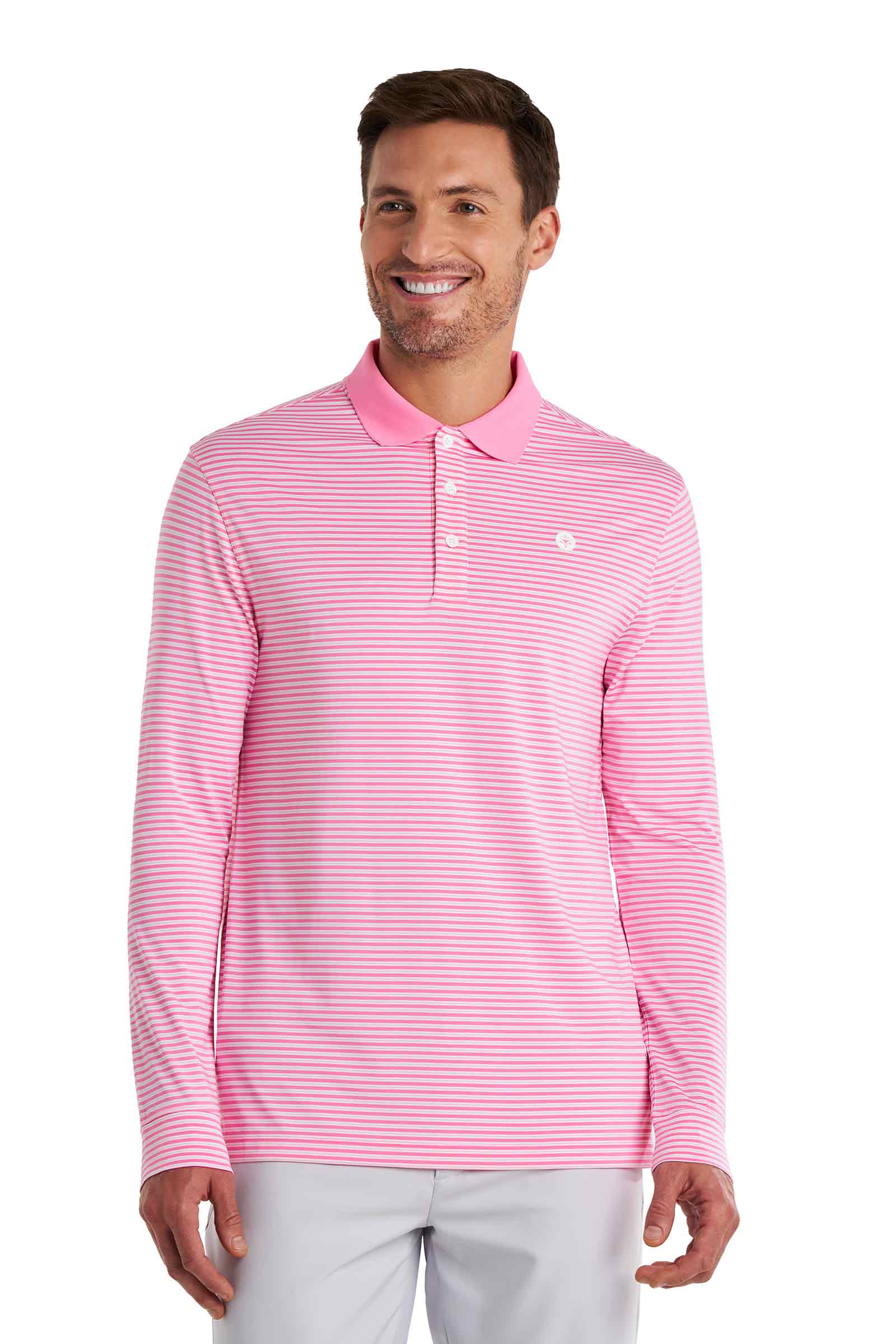 Men's Erodym Long Sleeve Sports Polo | Flamingo Pink/White Stripe