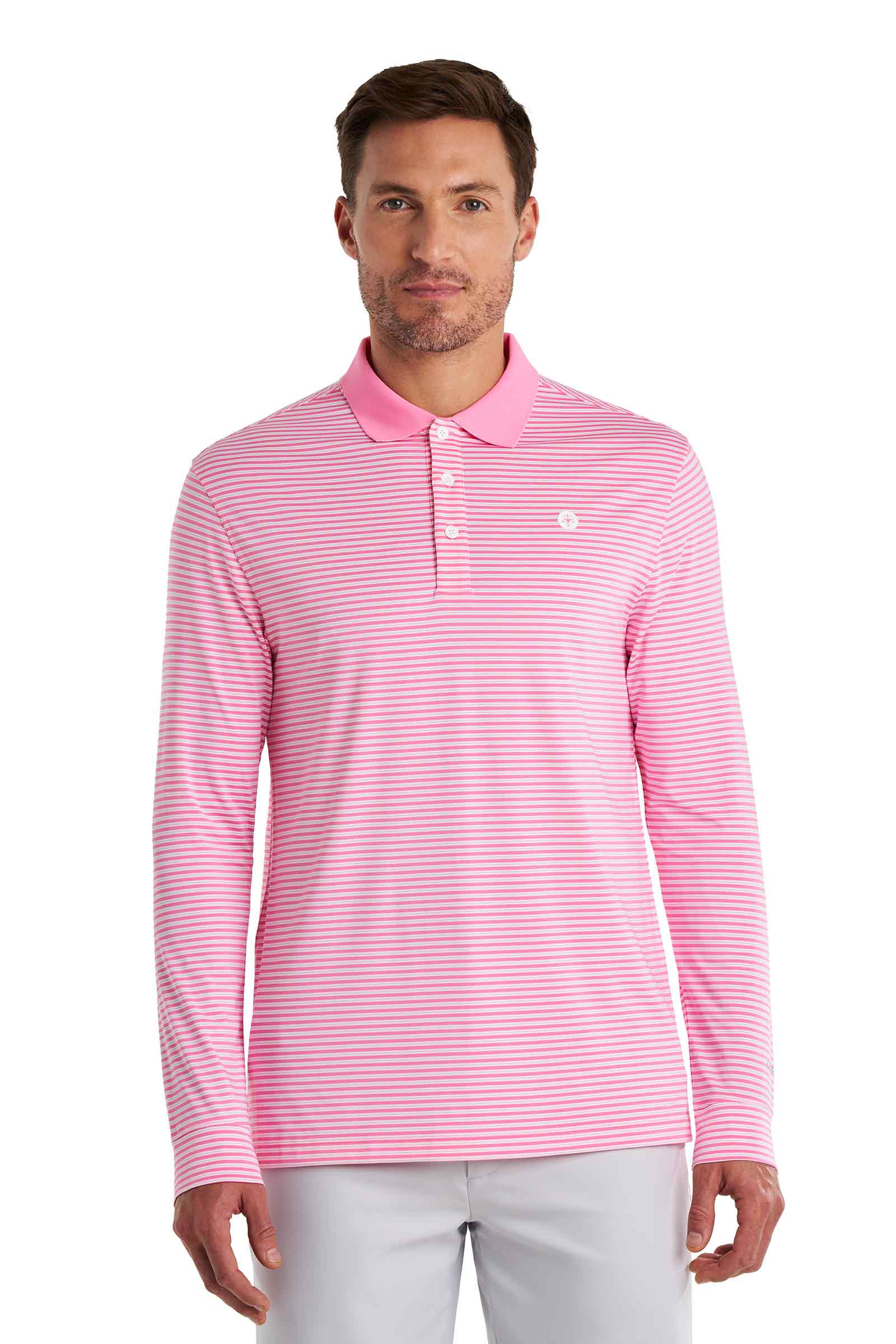 Men's Erodym Long Sleeve Sports Polo | Flamingo Pink/White Stripe