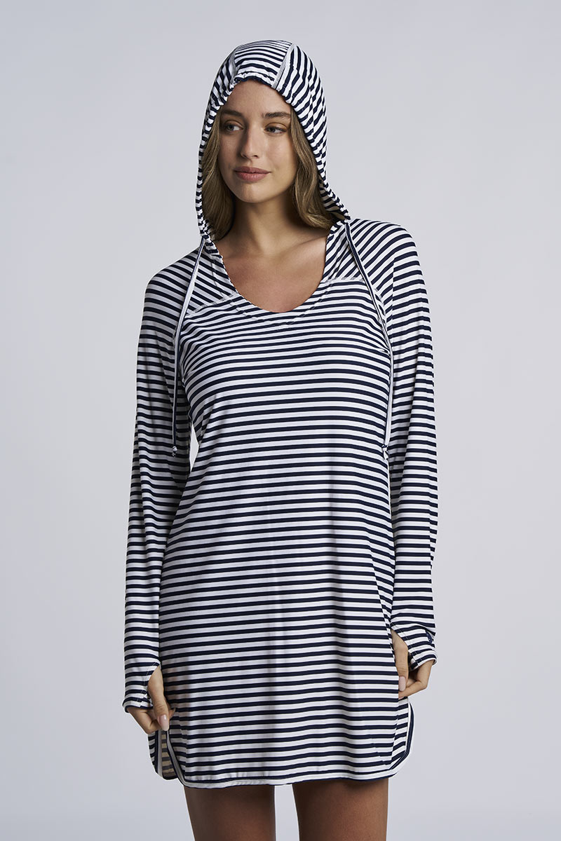 Women's Seacoast Swim Cover-Up Dress | White/Navy Stripe