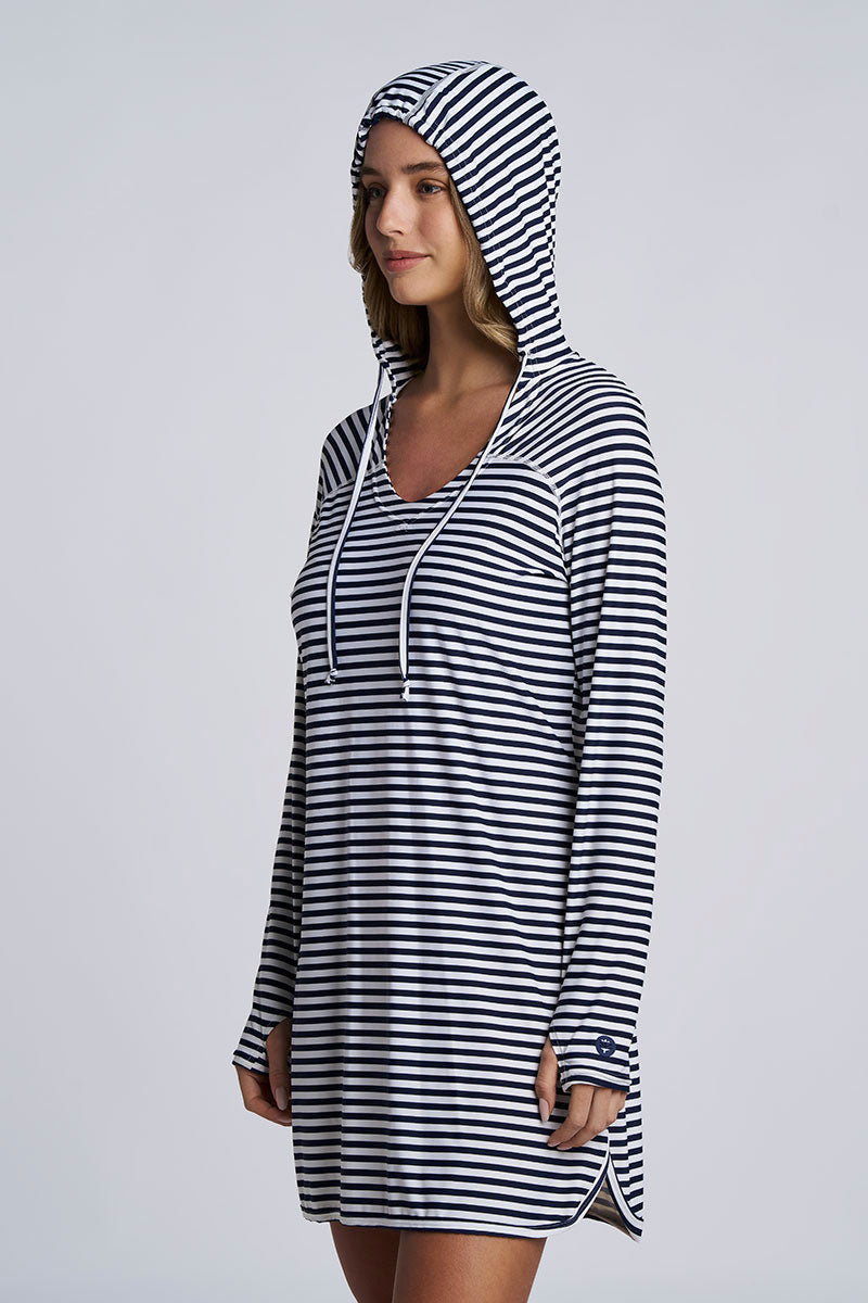 Women's Seacoast Swim Cover-Up Dress | White/Navy Stripe