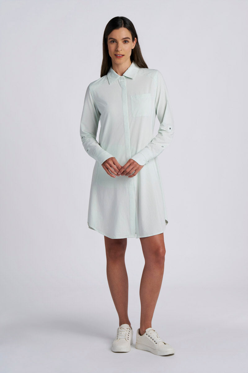 Women's Malta Travel Shirt Dress | White/Misty Aqua Stripe