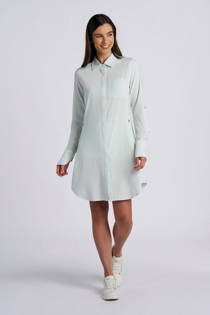 Women's Malta Travel Shirt Dress | White/Misty Aqua Stripe