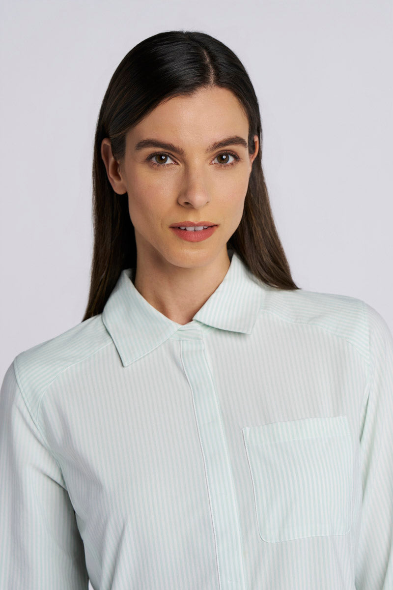 Women's Malta Travel Shirt Dress | White/Misty Aqua Stripe
