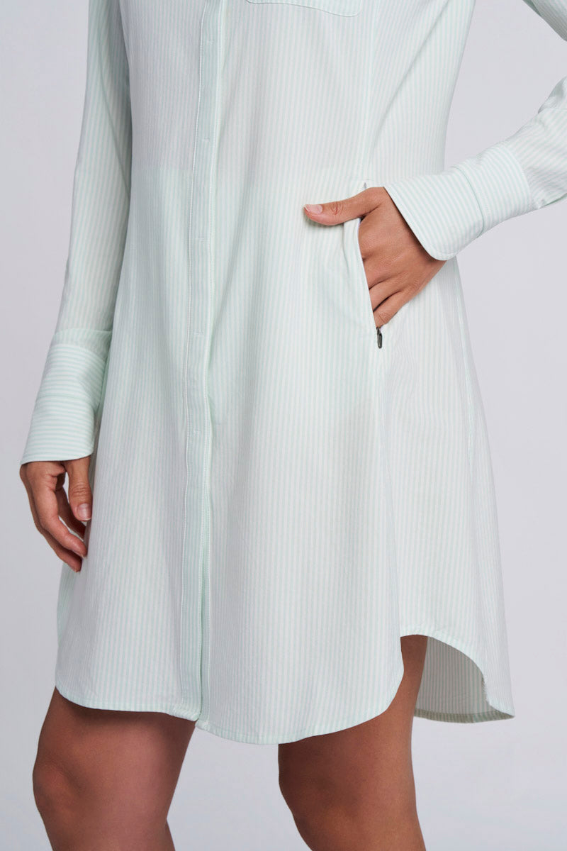 Women's Malta Travel Shirt Dress | White/Misty Aqua Stripe