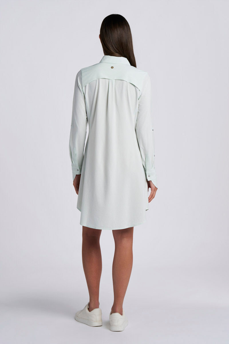Women's Malta Travel Shirt Dress | White/Misty Aqua Stripe