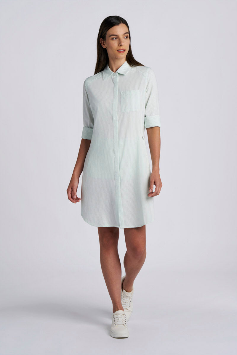 Women's Malta Travel Shirt Dress | White/Misty Aqua Stripe
