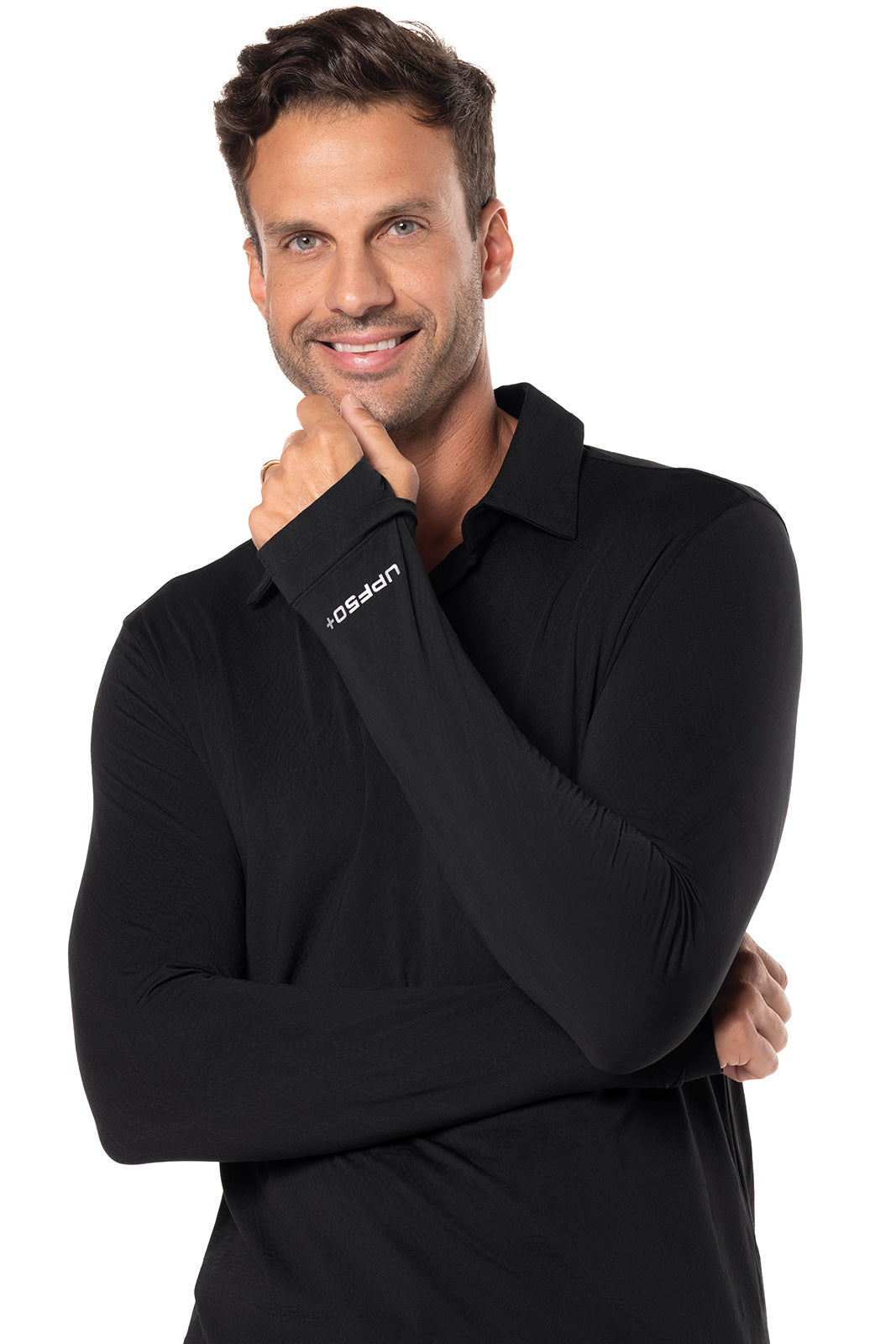 Men's Arobello Long Sleeve Golf Polo | Black Diamond Jacquard