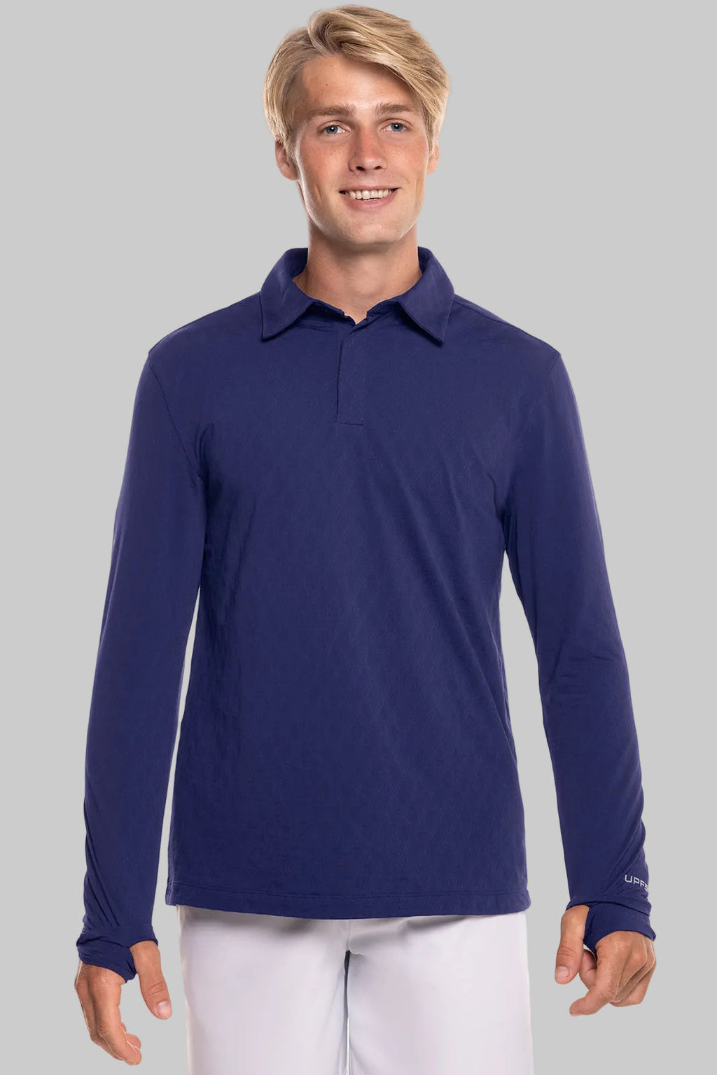 Men's Arobello Long Sleeve Golf Polo | Navy Diamond Jacquard