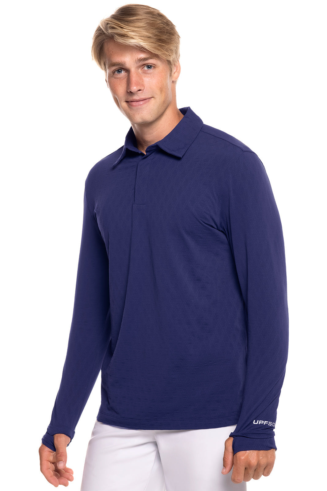 Men's Arobello Long Sleeve Golf Polo | Navy Diamond Jacquard