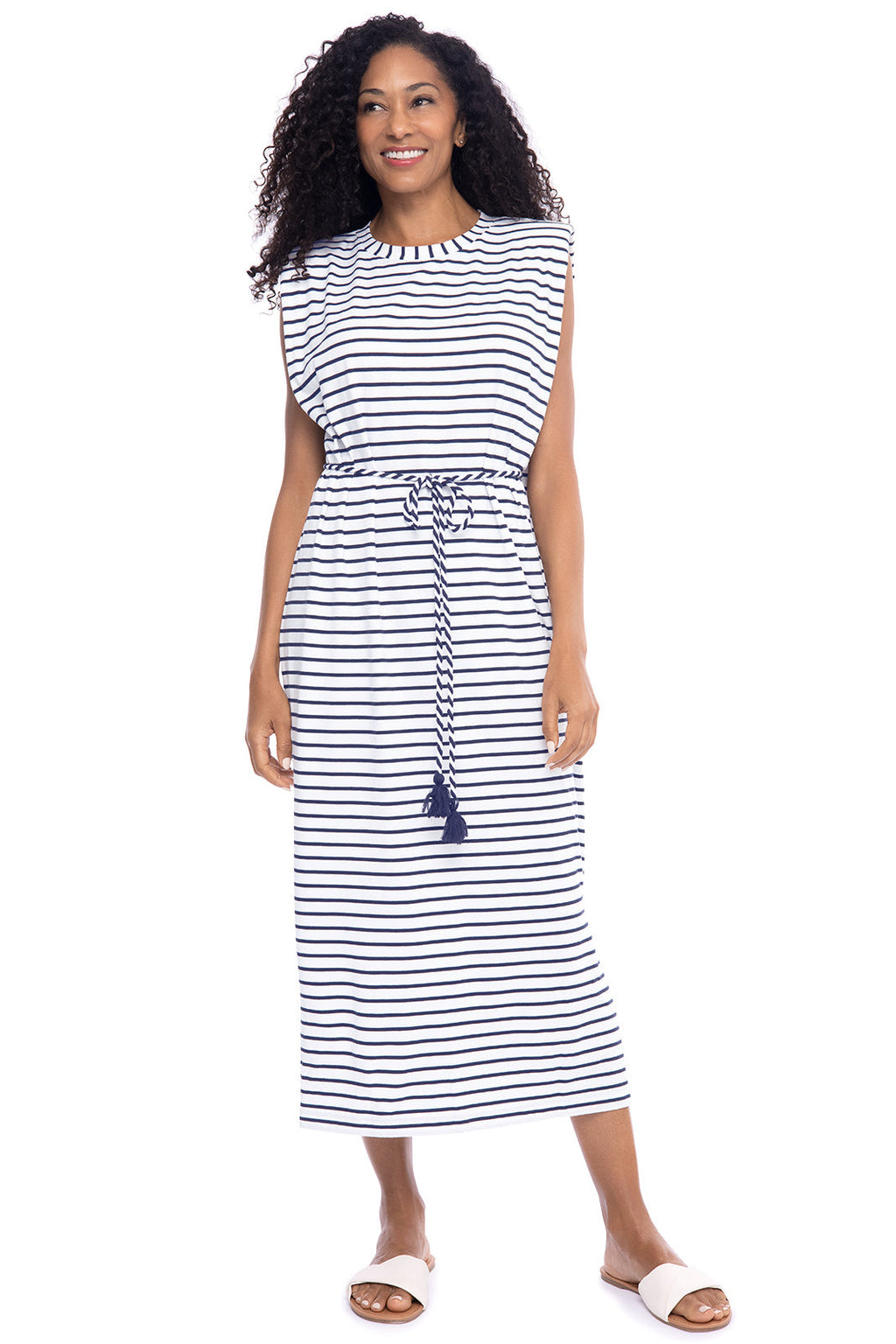 Women's Coral Way Sleeveless Midi Dress | White/Navy Stripe