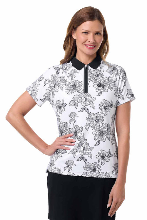 CourtLine Short Sleeve Polo | White/Black Perfect Peony