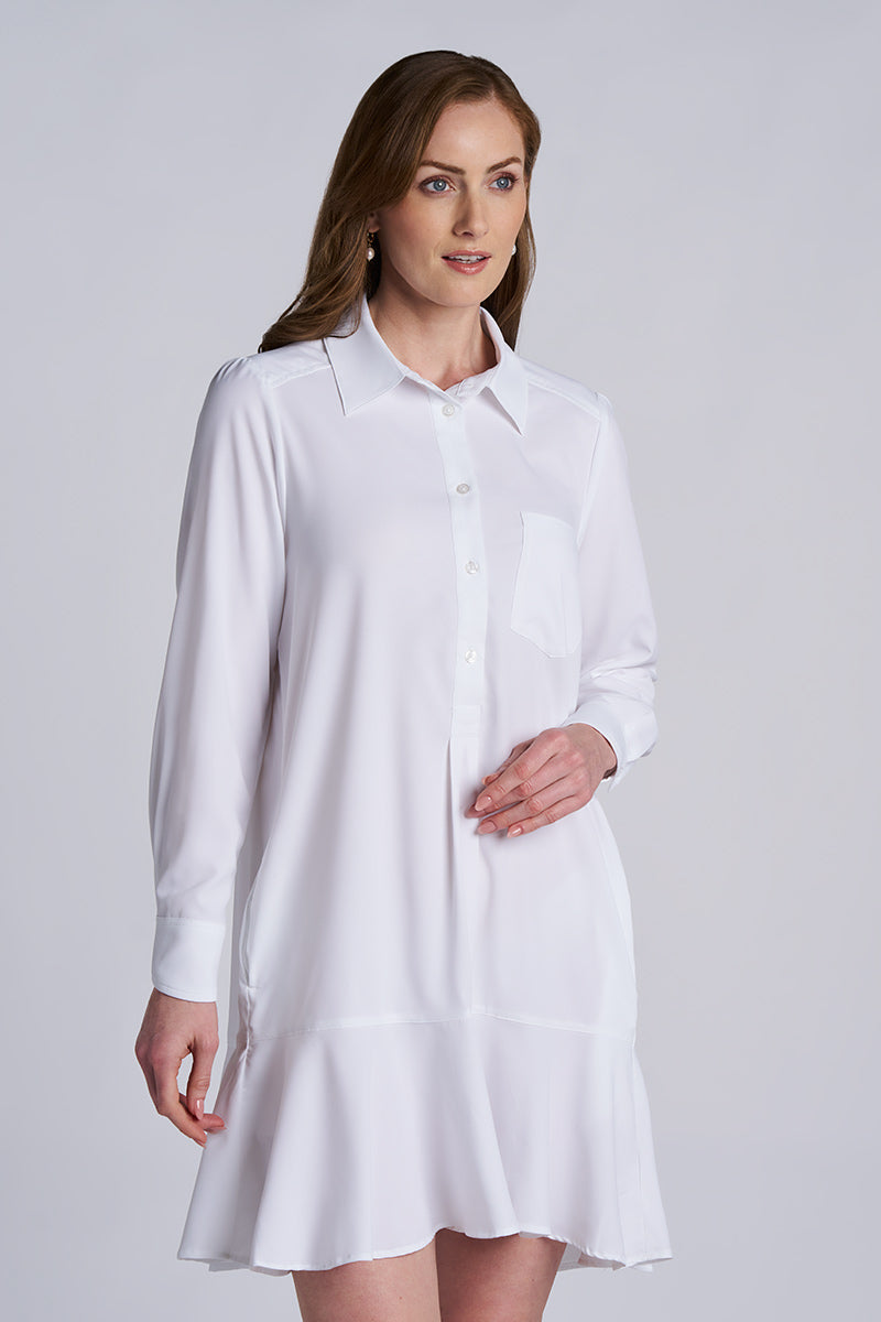 Women's Castaneda Flared Shirt Dress with Long Sleeves | White