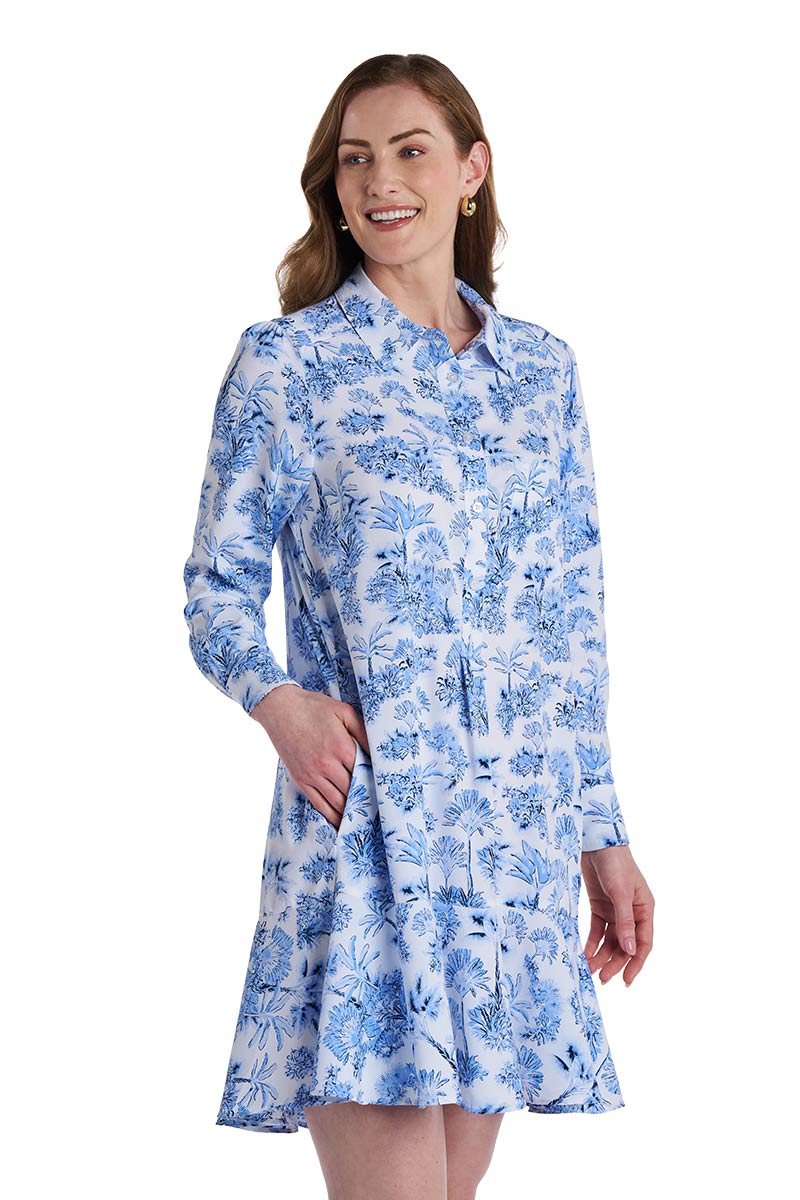 Women's Castaneda Flared Shirt Dress with Long Sleeves | Periwinkle Isla Bonita