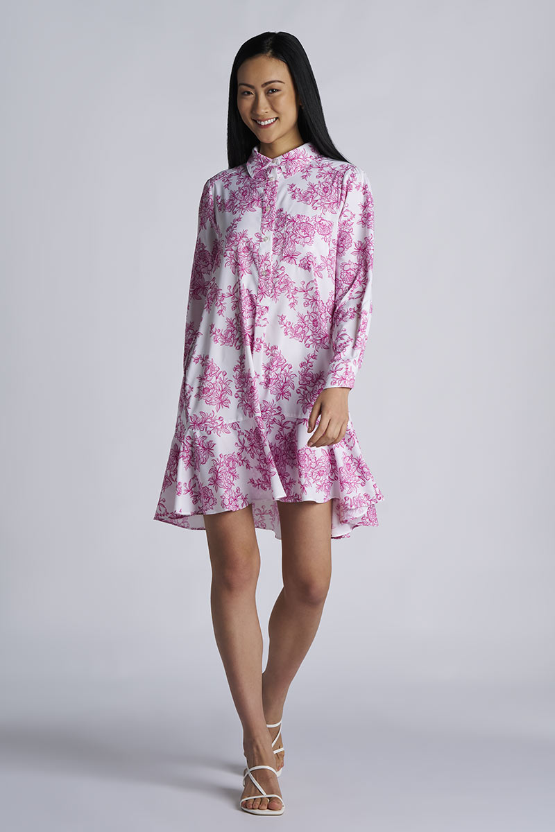 Women's Castaneda Flared Shirt Dress with Long Sleeves | Fuchsia Bouquet
