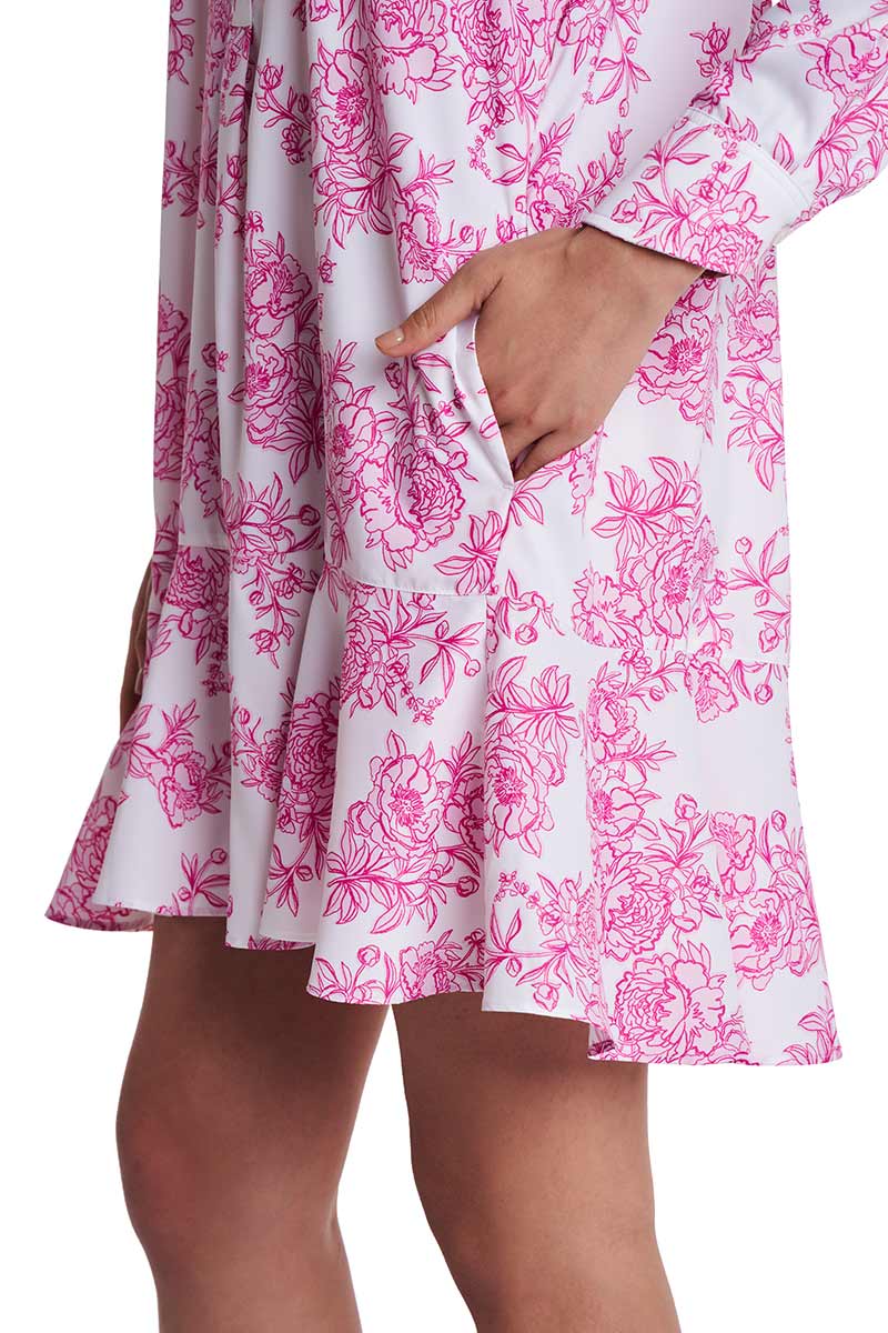 Women's Castaneda Flared Shirt Dress with Long Sleeves | Fuchsia Bouquet
