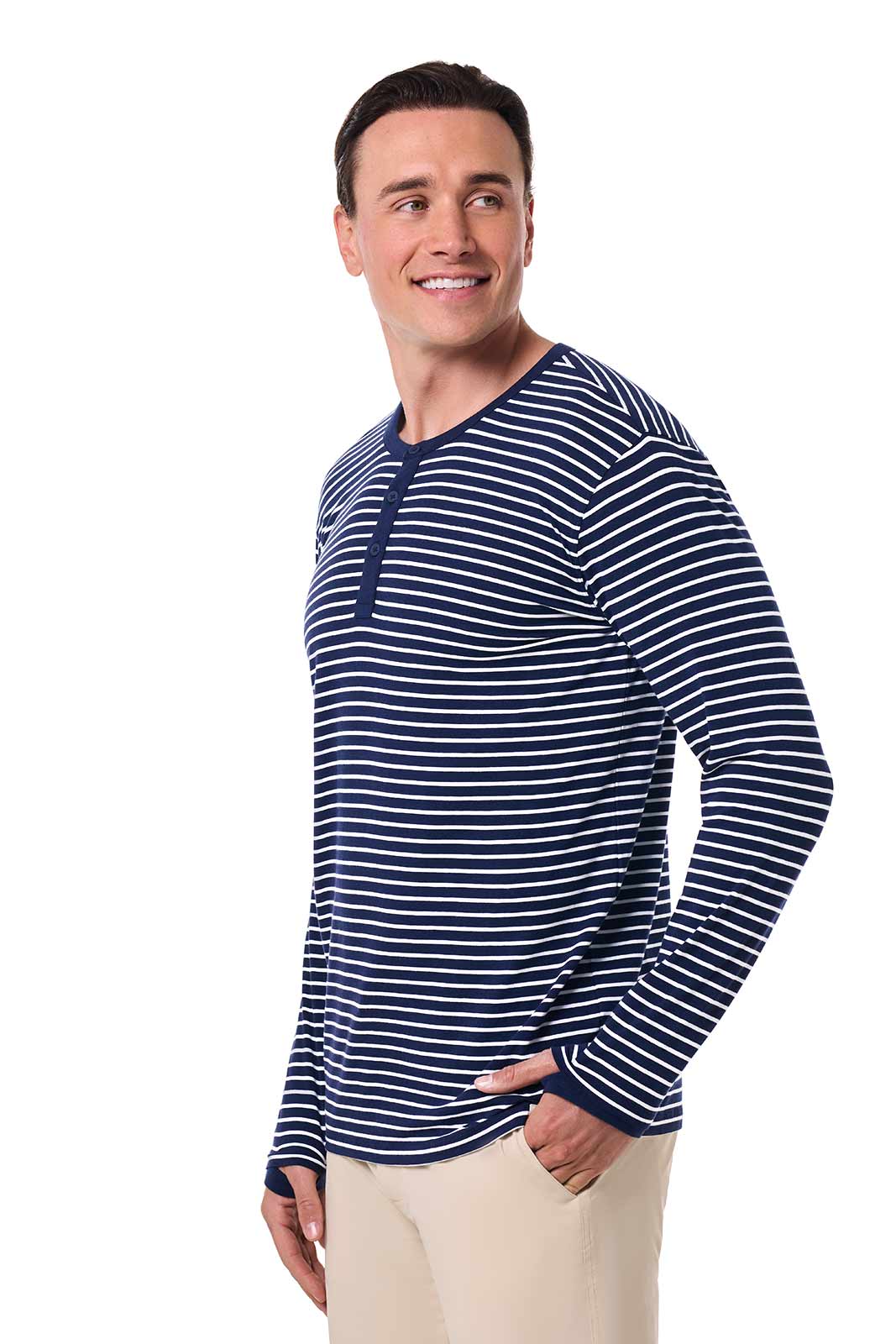 Men's Hallandale Long Sleeve Henley T-Shirt | Navy/White Stripe
